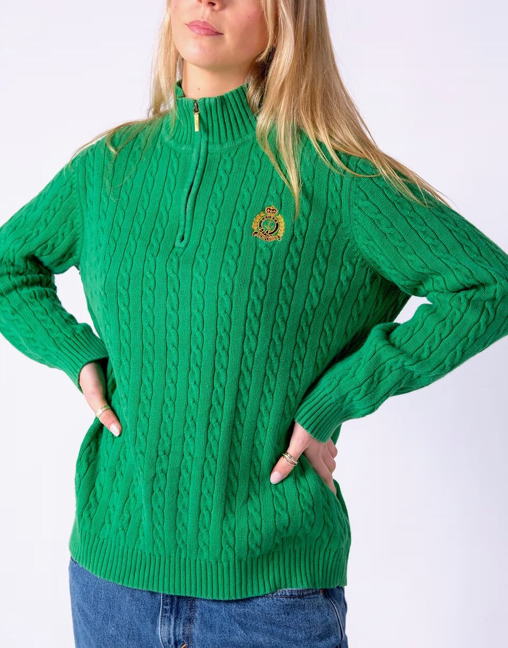 Ralph Lauren Polo green cable knit 3/4 zip monogram sweater size Medium